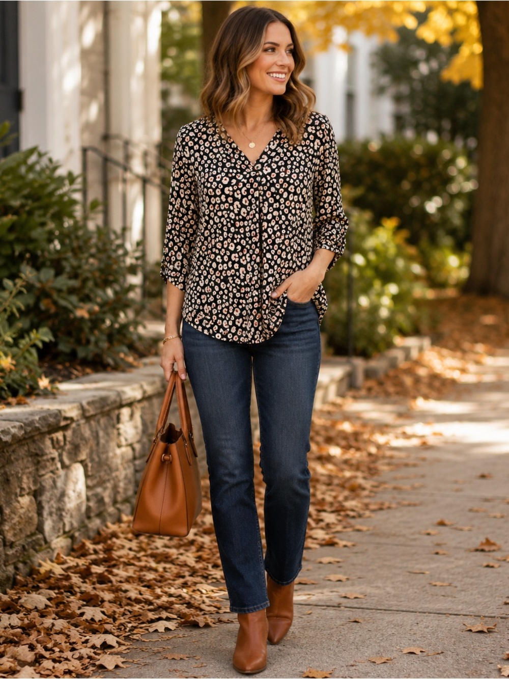 Beacon Leopard Print Blouse XS Black Cream Animal Print V Neck 3/4 Sleeve
